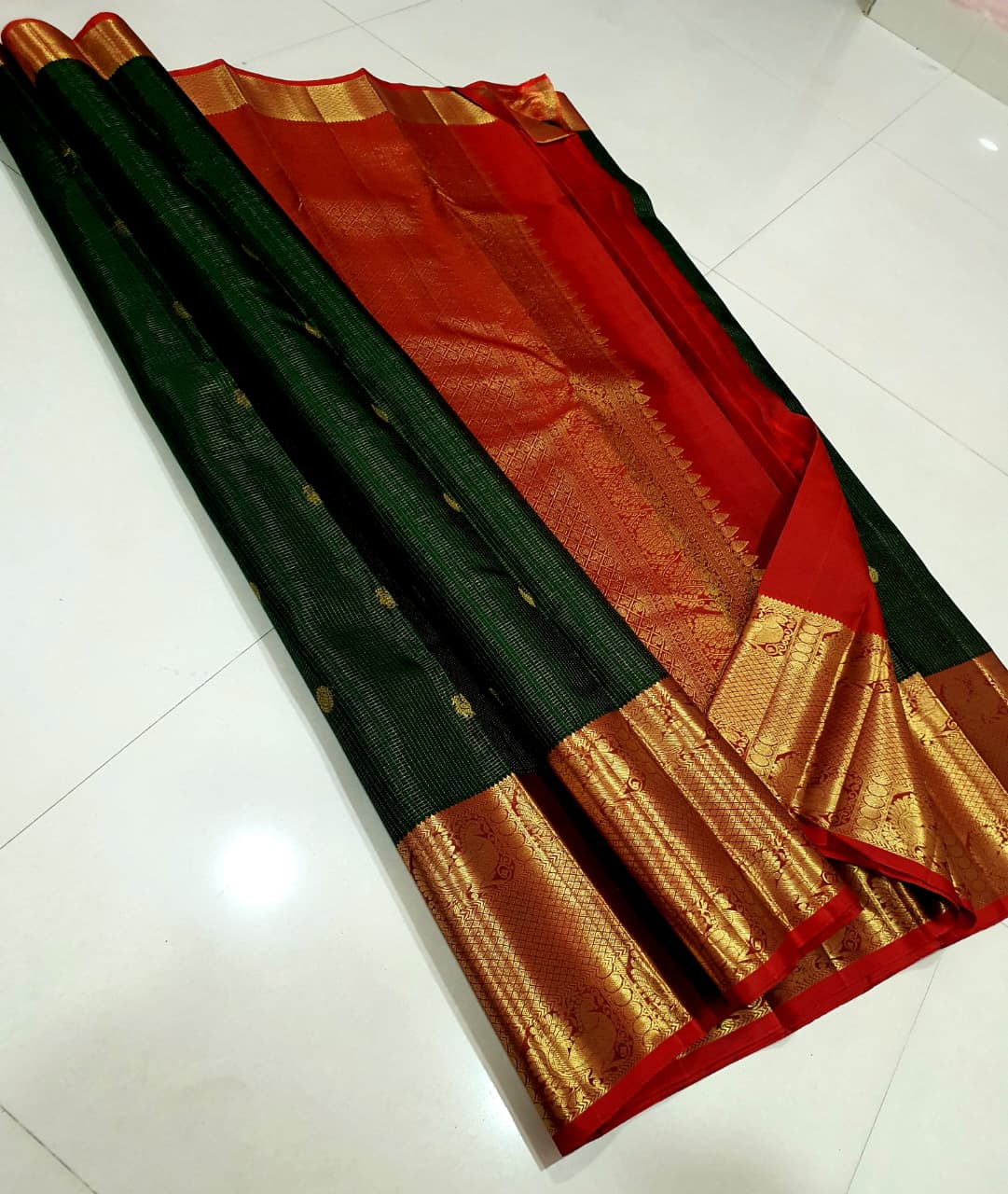 Bottle Green & Ruby Red Kanchipuram Silk Saree with Gold Zari Border